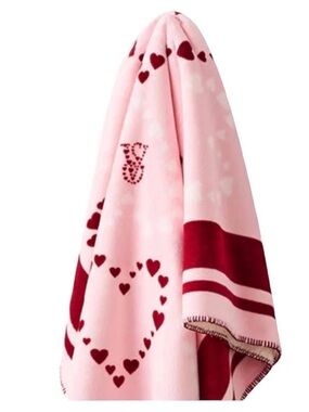 Love Heart Valentine Cozy Cream pink and burgundy Blanket with Red Stitch Trim